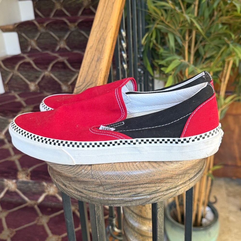 Vans Red and Black Checkerboard-Trim Slip-On Sneakers